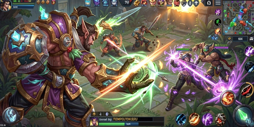 Screenshot dari pertempuran intens dalam game MOBA 66K.