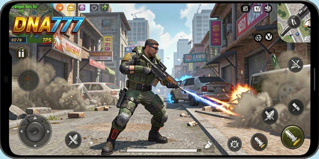 Screenshot menunjukkan gameplay intens DNA777 dengan aksi pertempuran nyata.