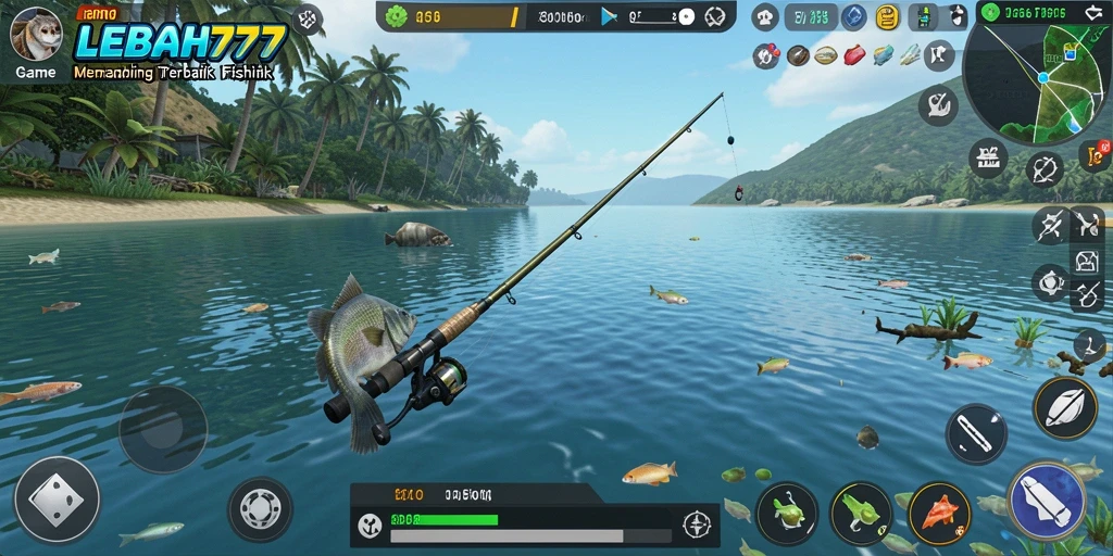 Screenshot gameplay <strong>LEBAH777</strong> menampilkan petualangan memancing di lautan yang menakjubkan.