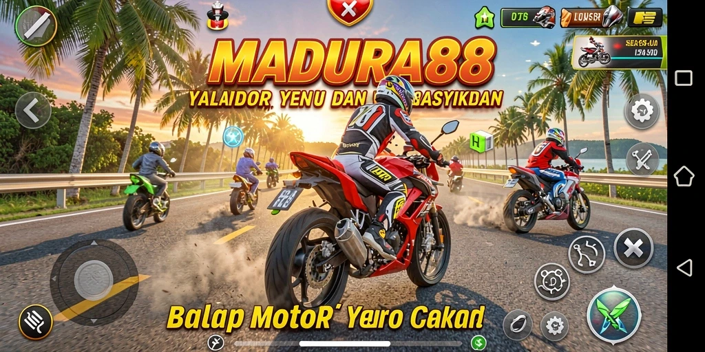 Screenshot gameplay <strong>MADURA88</strong> yang menunjukkan balapan motor penuh aksi.