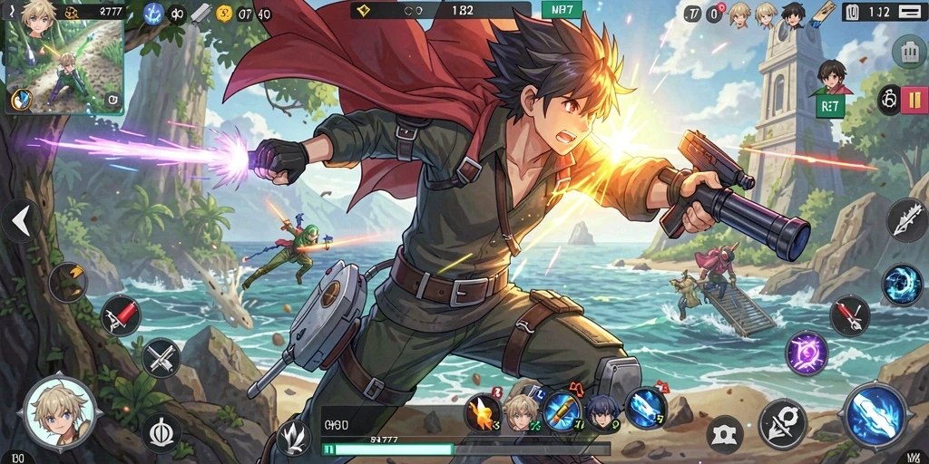 Screenshot MPL777 menampilkan karakter anime dalam pertempuran epik.
