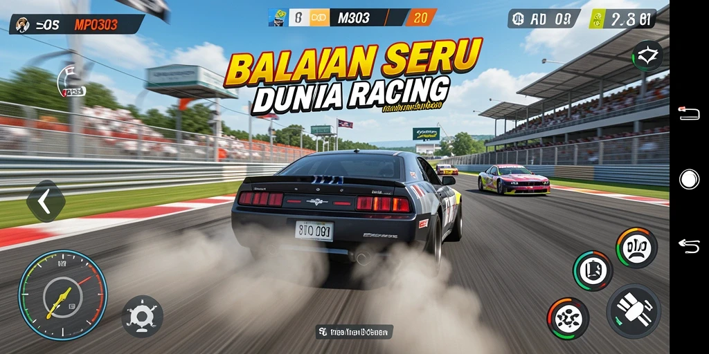 Tampilan gameplay MPO303 dengan kendaraan balap beraksi di trek.