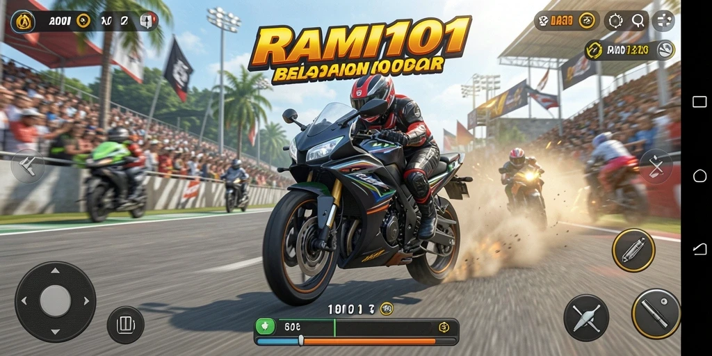 Tangkapan layar gameplay REMI101 menampilkan balapan motor yang intens.