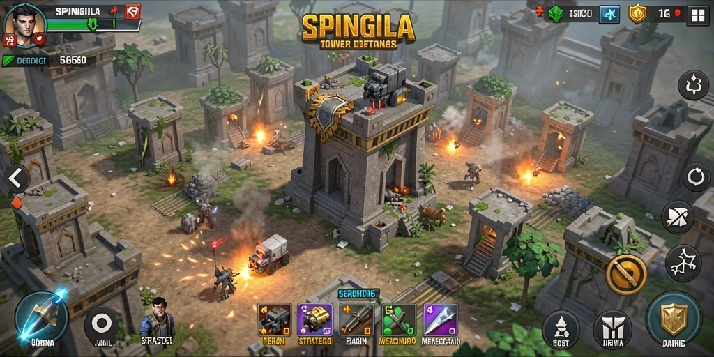 Screenshot gameplay tower defense SPINGILA yang menampilkan menara dan musuh.
